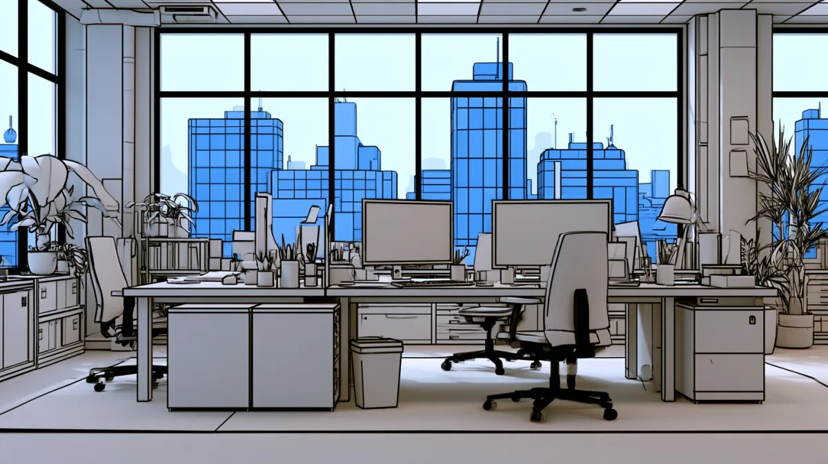 The Equy working space: two desks, monitors and plants against a window looking over the town