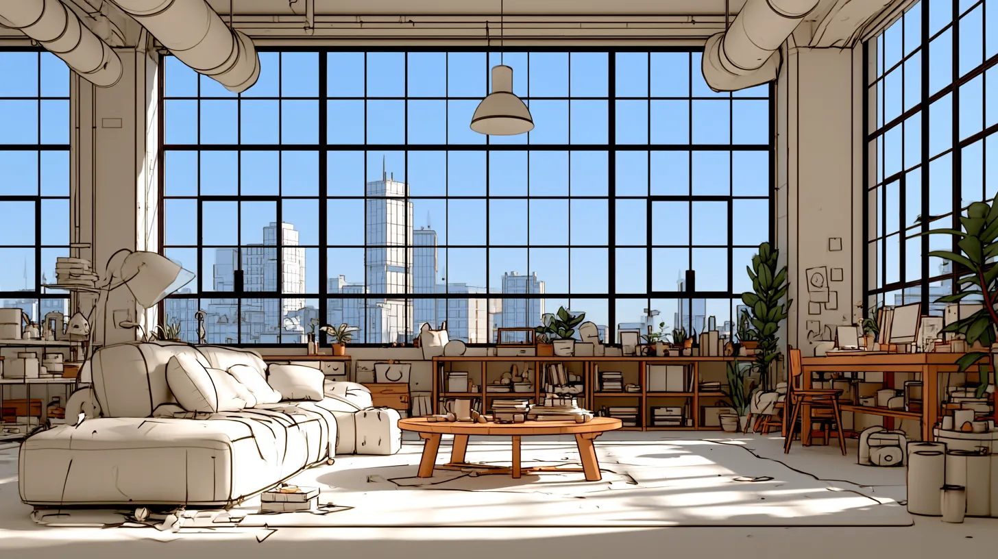 A tall-windowed studio floor with a low sofa, workbenches and the town skyline beyond