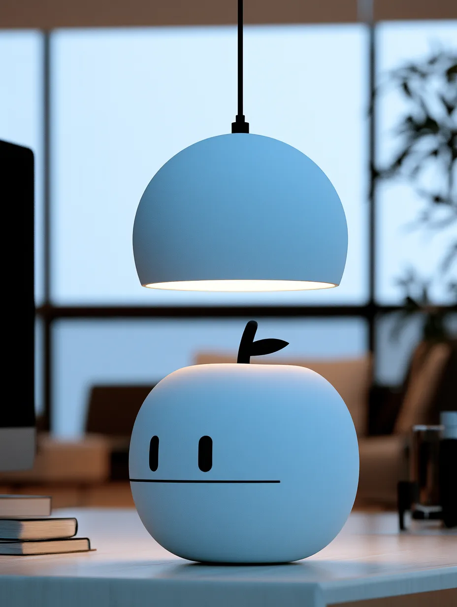 A rounded desk lamp lit under a pendant shade on a studio table at dusk
